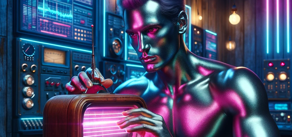 A muscular man with ethereal, metallic rainbow skin focuses on a vintage radio in a command center that combines rustic charm and futuristic technology, symbolizing an interdimensional communication hub.