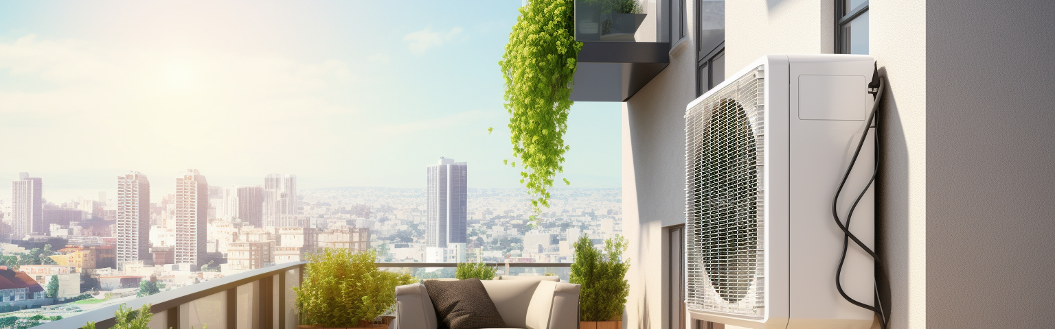 Midjourney generated image of heat pump on the balcony of a high-rise apartment