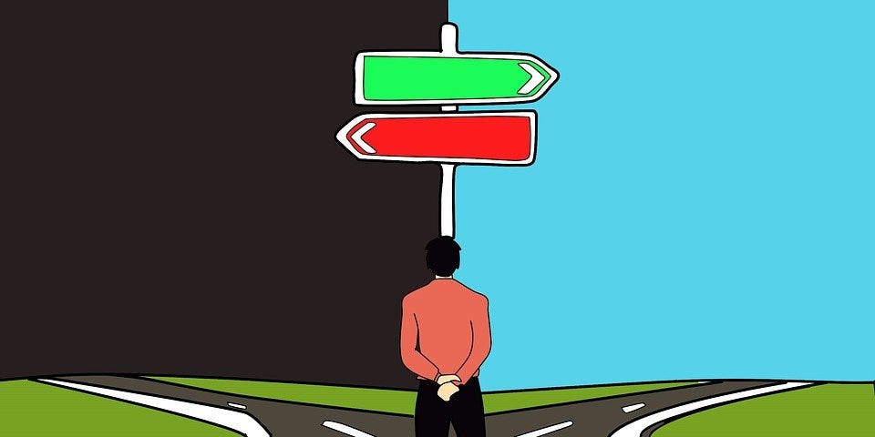 CoCreation Station, Discover your calling, A man in front of a crossroad, he needs to choose one way to go.