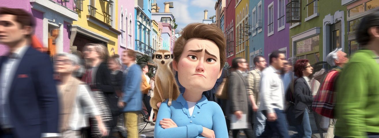 A cartoon style picture of a scene of a person who is feeling fearful and standing still on a busy street. There are crowds of people walking past who are visible only as a blur because they are moving so fast. A small meerkat sits on the protagonist’s shoulder to represent their anxiety and alertness. The background is filled with colorful buildings.