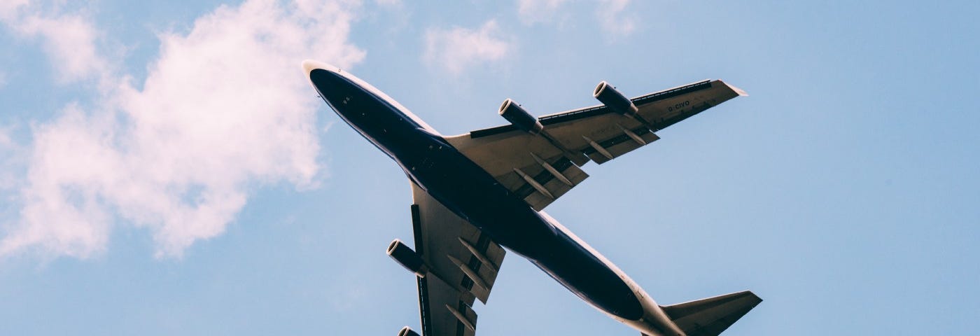 An aircraft flying in the blue sky, as viewed from the ground.