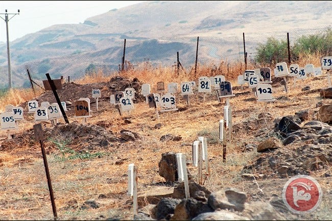 Foto de uno de los cementerios con cuerpos de palestinos asesinados secuestrados por las autoridades israelíes y con números como toda identificación.