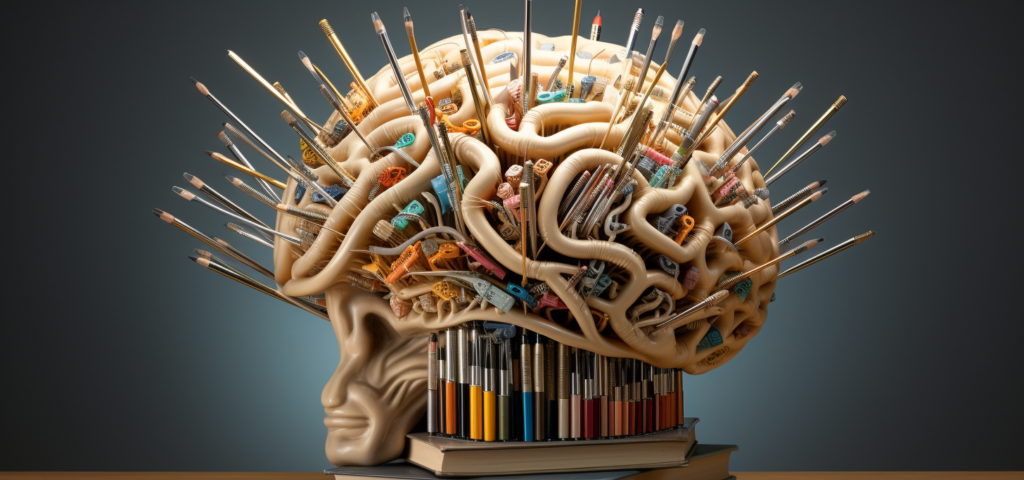 An artificial brain filled with books and pencils representing AI knowledge.