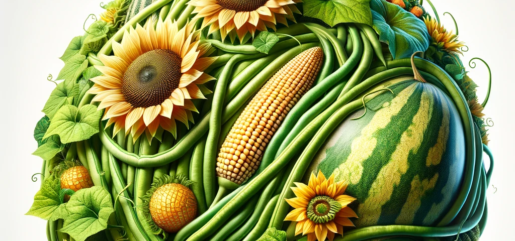 A sphere covered in diverse vegetation, including towering corn and sunflowers with green beans climbing up their stalks, and the broad leaves of squash and melons sprawling across, symbolizing a global model of companion planting and ecological harmony.