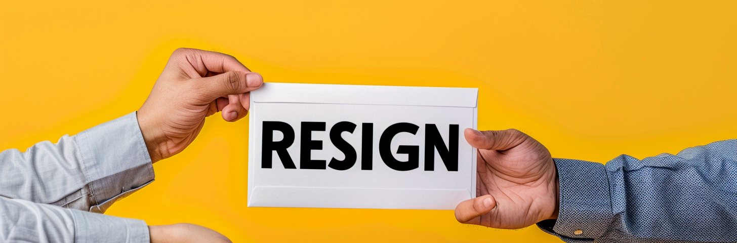 Close up photo of a man’s two arms with grey shirt handing over a white envelope “RESIGN” to his boss’s hands, yellow background. AI image created on Midjourney v6 by Henrique Centieiro and Bee Lee.