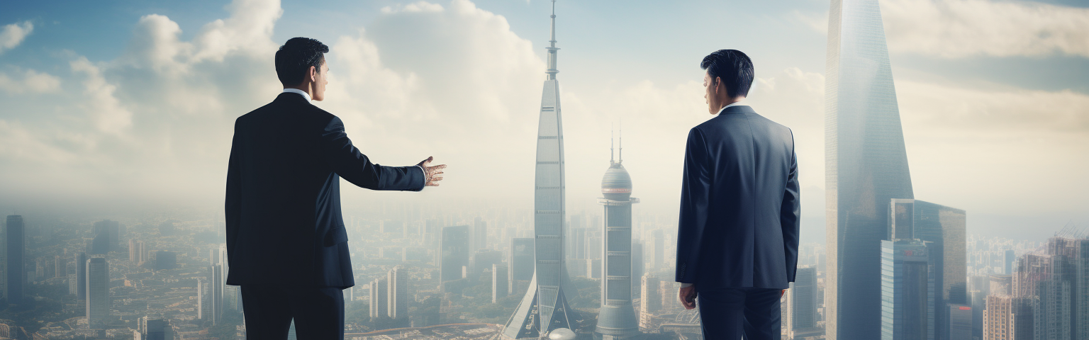Midjourney generated image of a Chinese business executive towering over a European business executive