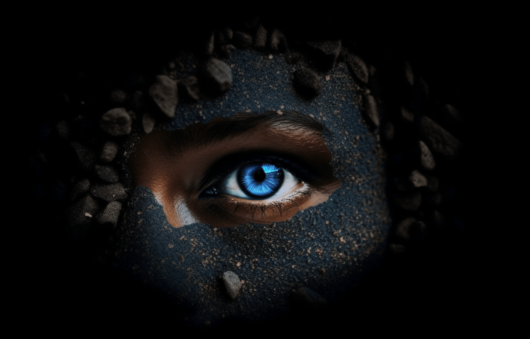A single light blue eye stares out from beneath gravel and dirt.