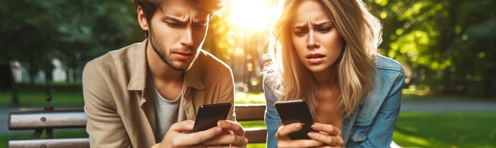 A couple sitting on a park bench, each looking at their phones, with confused expressions, in a sunny park setting