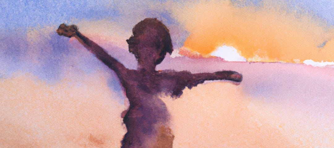 a watercolor silhouette of a happy child at sunrise