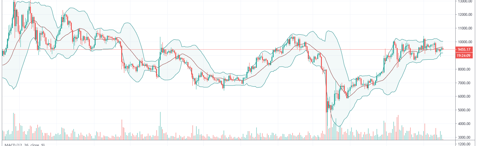 Bitcoin 1 year chart with Bollinger bands and MACD