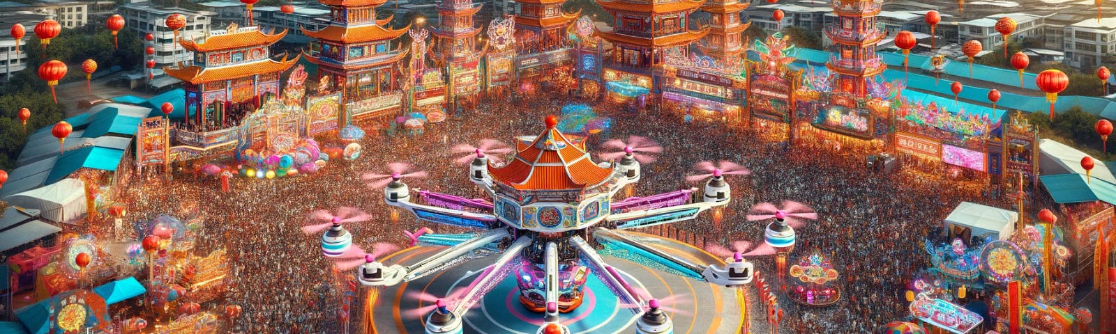 ChatGPT & DALL-E generated panoramic image of a lively Chinese carnival with a tethered octacopter ride