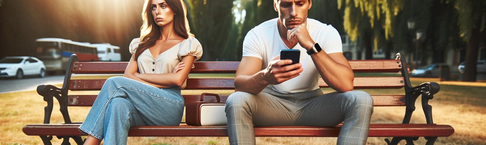 A couple sitting apart on a park bench, both looking unhappy. The man is dressed casually and absorbed in his phone, symbolizing work obsession. The woman looks upset and distant. The setting is a sunny, quiet park.