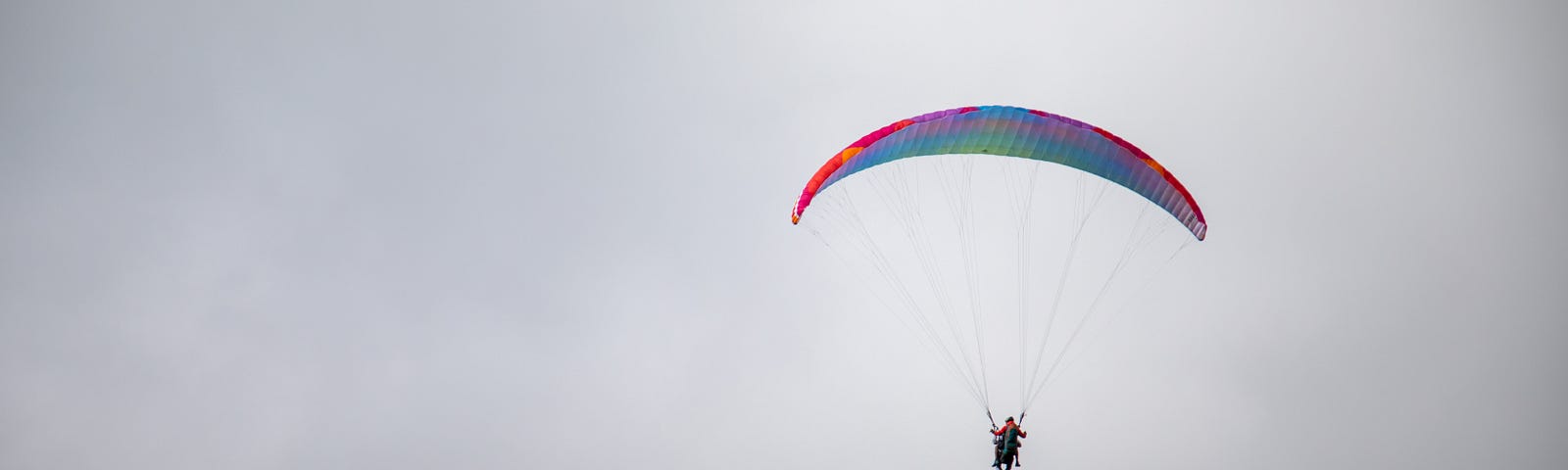 A parachuter landing on a foggy dusk field