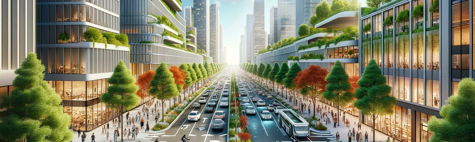 ChatGPT & DALL-E generated panoramic image of a bustling city street, designed as a complete street with trees, bike lanes, pedestrian paths, parking, and all-electric vehicles.
