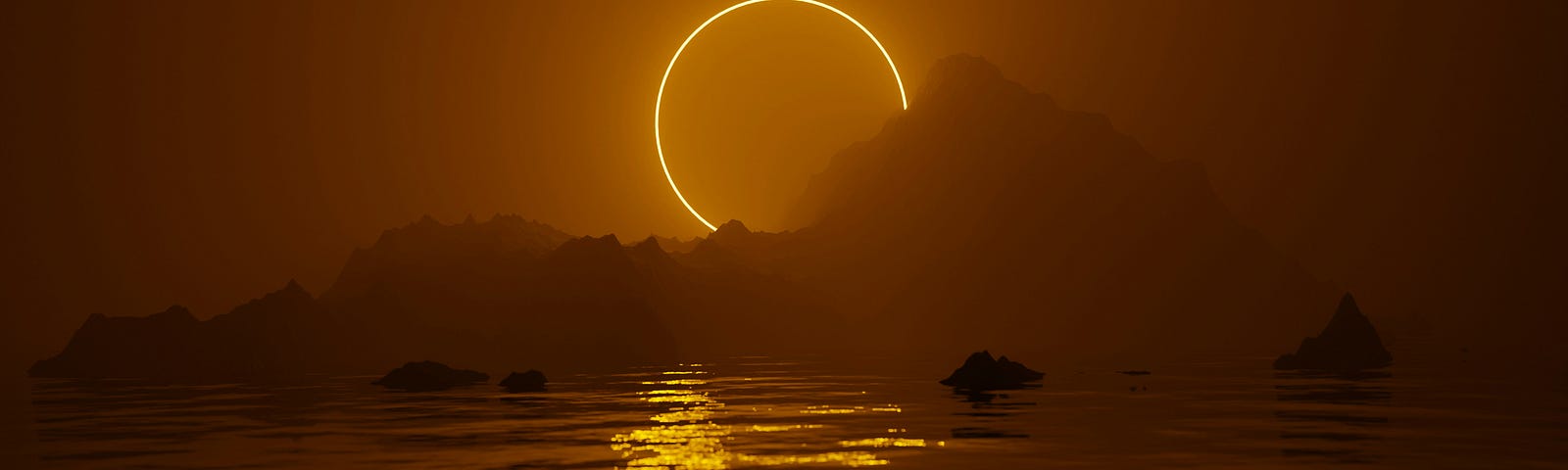 A sun in eclipse, rising behind a mountain and a body of water. The air is covered in a hazy, yellow mist.