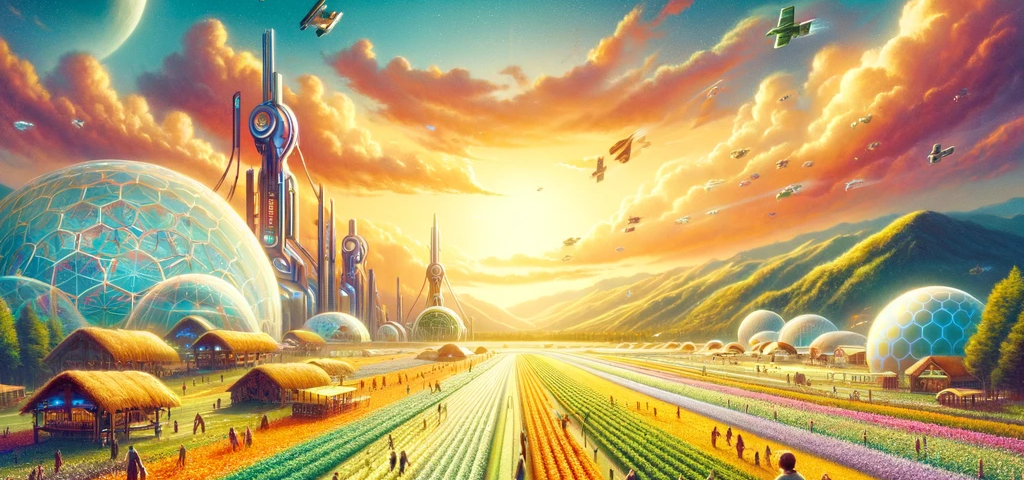 A movie poster for “Unity: The Harvest of Tomorrow,” depicting a utopian future where diverse communities collaborate on sustainable agriculture, leading to a society of leisure and harmony.