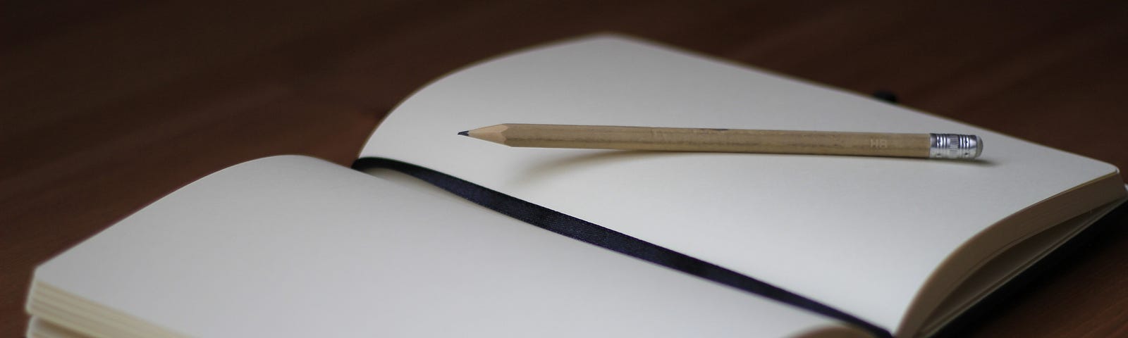 Open notebook with a pencil lying across it.