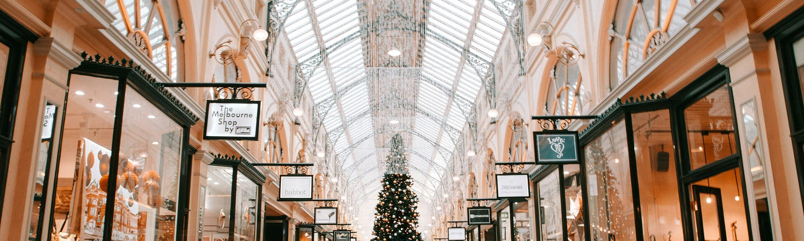 A beautiful, old-style shopping arcade decorated for Christmas.