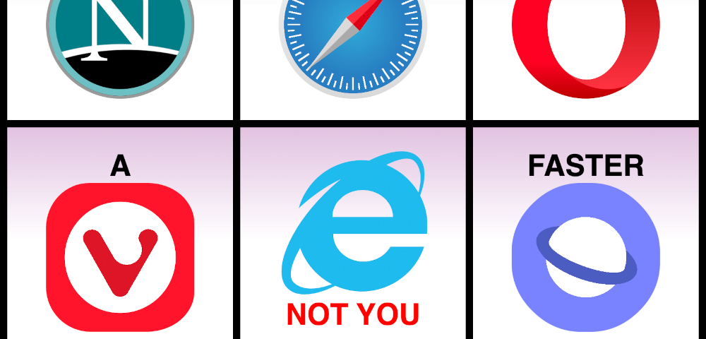 Grid with 9 boxes with a word and a browser logo. The sentence reads: ‘Thank you for building faster internet for everyone’. The center panel (with the IE logo) reads ‘not you’