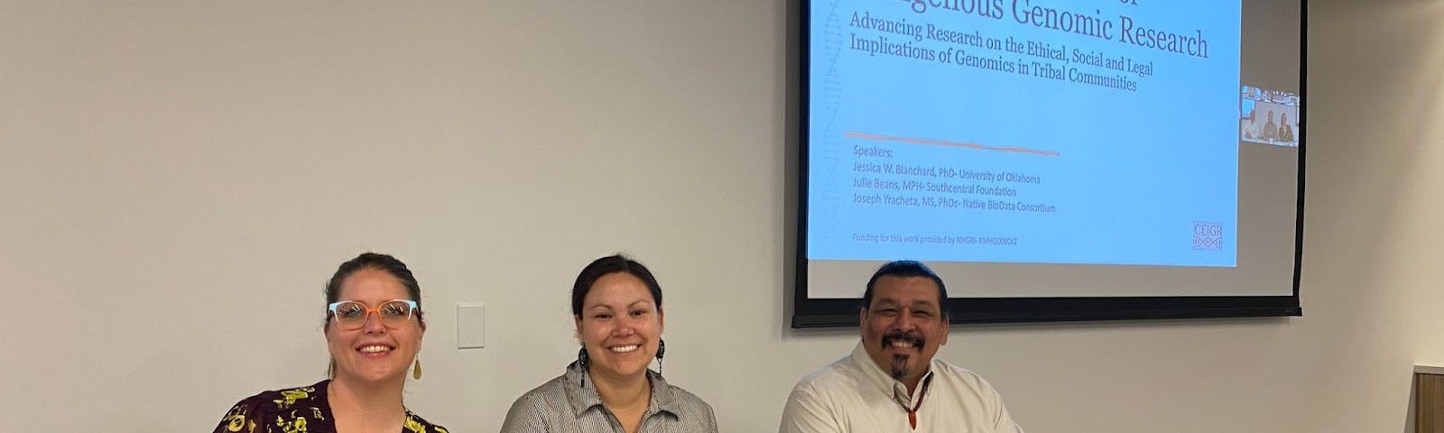 Jessica Blanchard, Julie Beans, and Joseph Yracheta from the Center for the Ethics of Indigenous Genomic Research (CEIGR) leading a bioethics training at Variant Bio, March 2023.