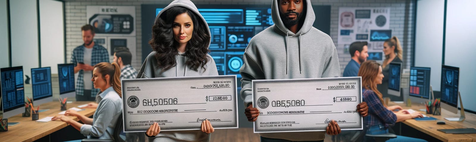 An image that symbolically represented the gender pay gap in the tech industry, In this version, the woman of Hispanic descent and the man of Black descent are dressed in casual tech attire, specifically hoodies and jeans. They are still holding large, symbolic paychecks that show a clear disparity in amounts, with the woman’s paycheck being smaller. The setting is a modern tech office, with elements like computers, digital screens, and colleagues