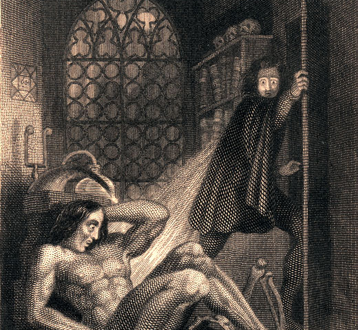 A photograph of the 1831 steel engraving Frontispiece to Mary Shelley’s, Frankenstein. The engraving in black, gray, and white is a small room with two figures and a skeleton. One figure sitting on the floor without clothing with a horrified expression, with a skeleton laying next to him by an open book. Another figure wearing a cape with a similar expression is exiting the open door. There are shelves with skulls and books, an arched window, and a contraption behind the figure on the floor.