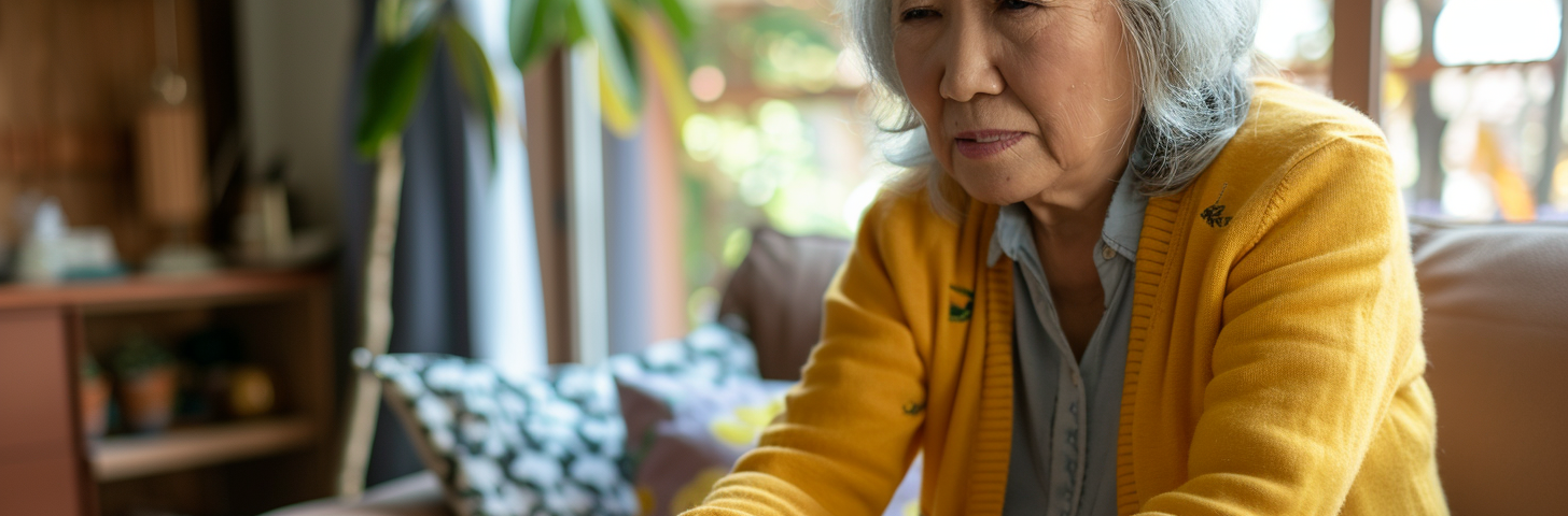 AI image created on MidJourney V6 by henrique centieiro and bee lee, 70 years old asian woman rubbing her painful knee, wearing yellow cardigan