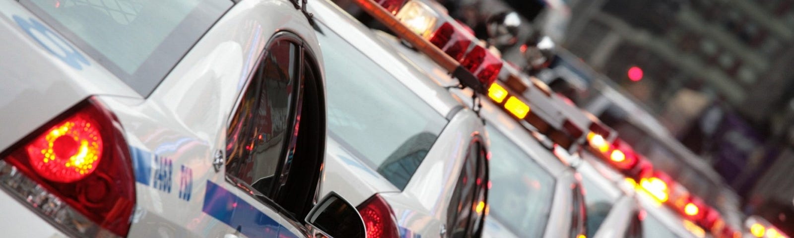 A line of police cars. Photo by thall/Getty Images