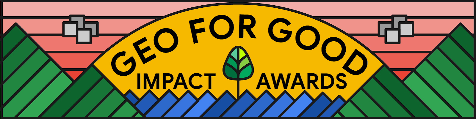 Banner featuring the words “Geo for Good Impact Awards” over a stylized background depicting waves, mountains, a rising sun, clouds and a leaf.