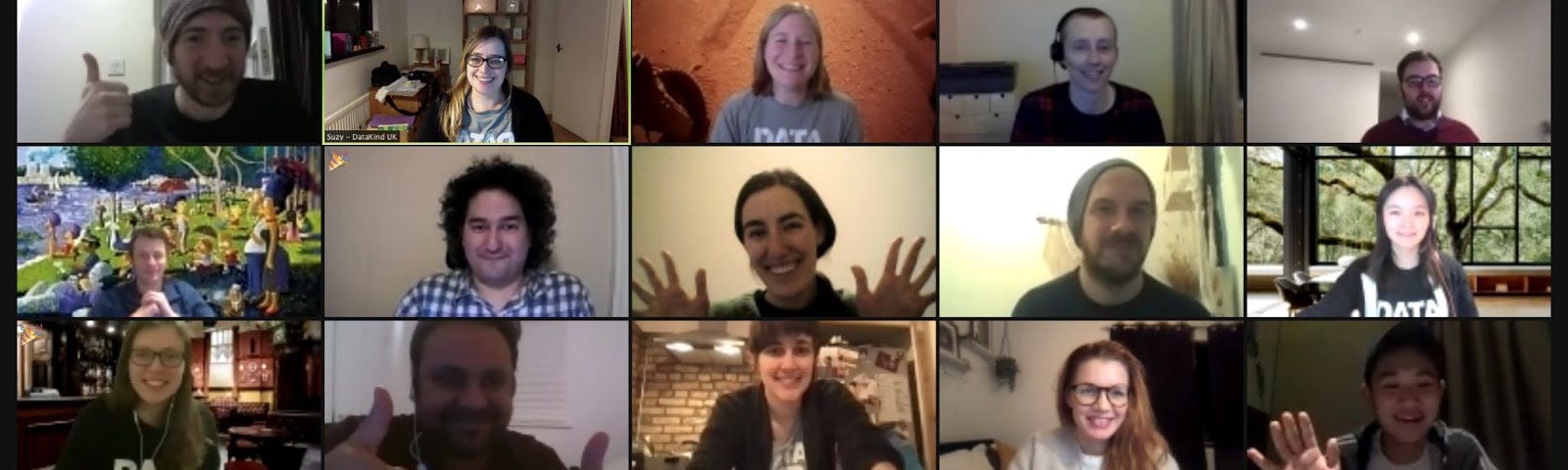Screenshot of a Zoom video call with 20 casually dressed, smiling adults