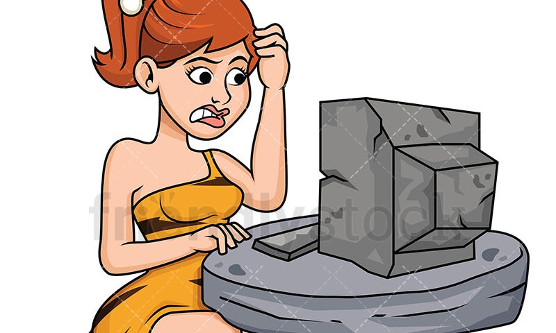 Cavewoman with stone computer