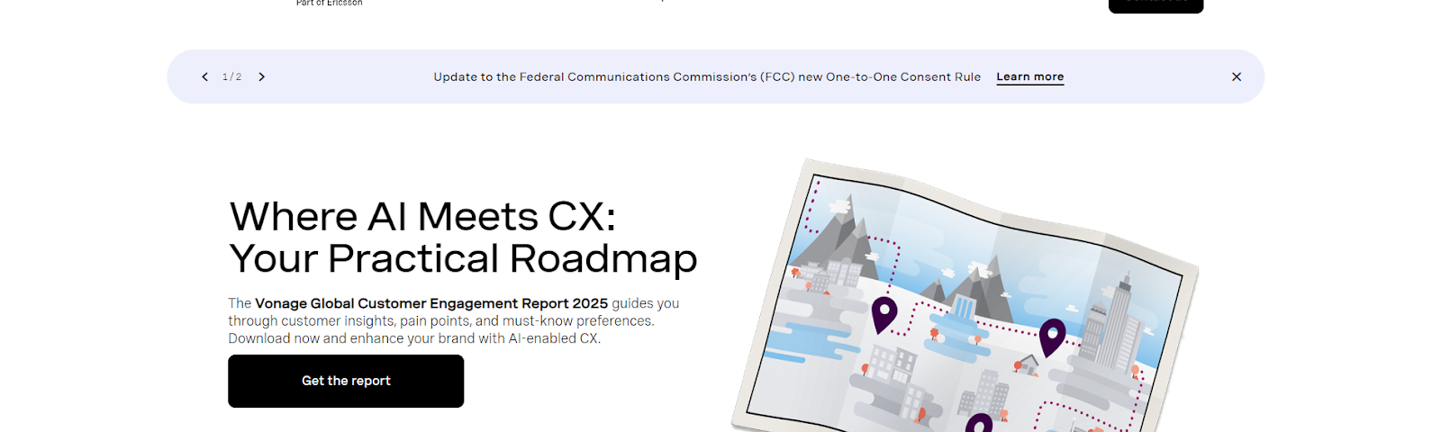 Vonage homepage displays cloud communications services and solutions.