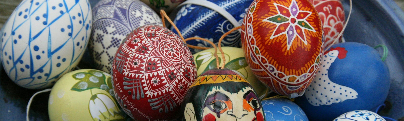 A plate of elborately decorated Easter eggs
