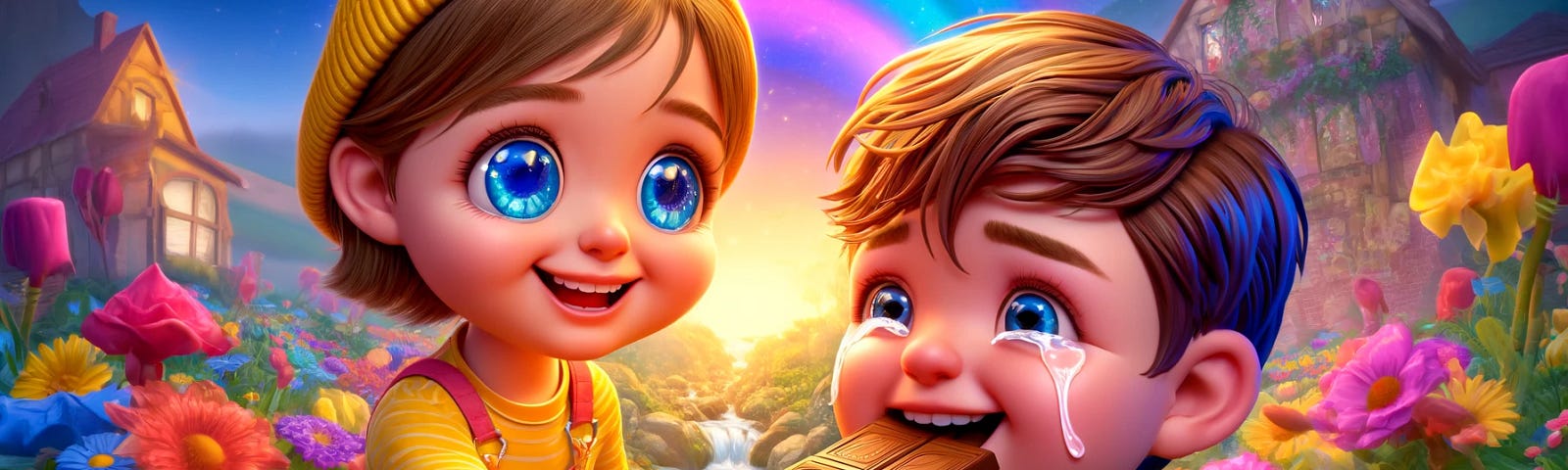 A vibrant and colourful 3D illustration of a girl named Lucy sharing her chocolate with a crying boy, who starts smiling. The scene captures the magic of kindness and small gestures