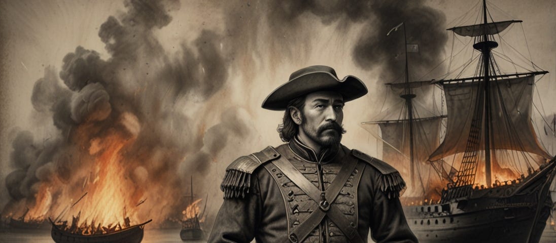 Hernán Cortés standing in front of boats that are burning down