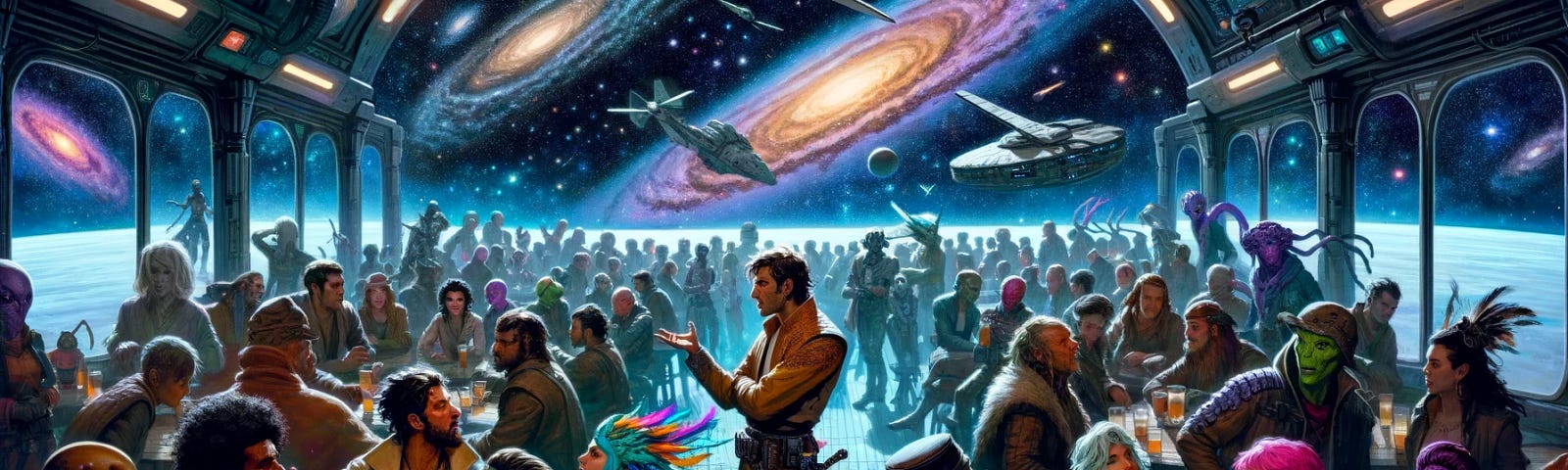 Engage with an epic debate in a space pub: Jax the bounty hunter and Lyra the pirate discuss parallel universes among a crowd of unique aliens, with the cosmos as their backdrop.