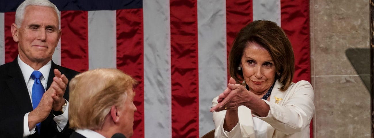 Donald Trump turns to House speaker Nancy Pelosi as he delivers his State of the Union address.