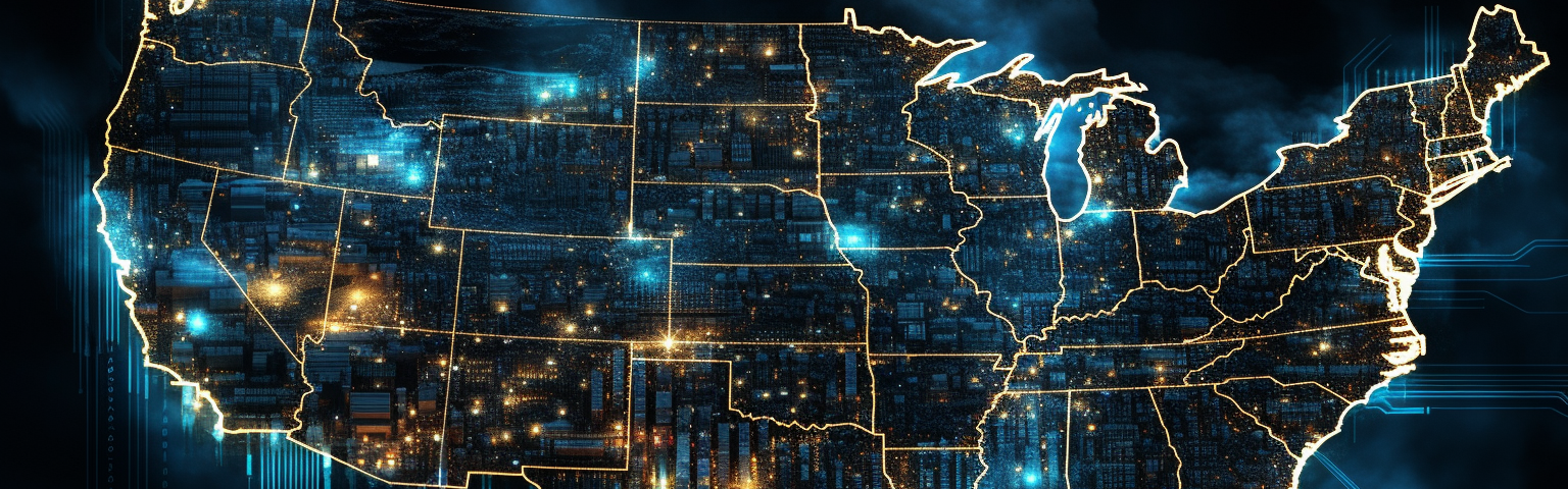 Midjourney generated image of United States at night covered with digital circuitry and electric sparks