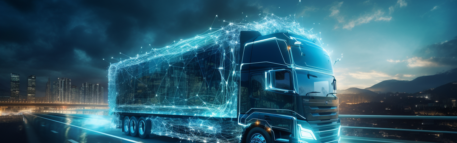 Midjourney generated image of electric cargo truck covered in digital circuitry and electrical sparks driving down the open highway