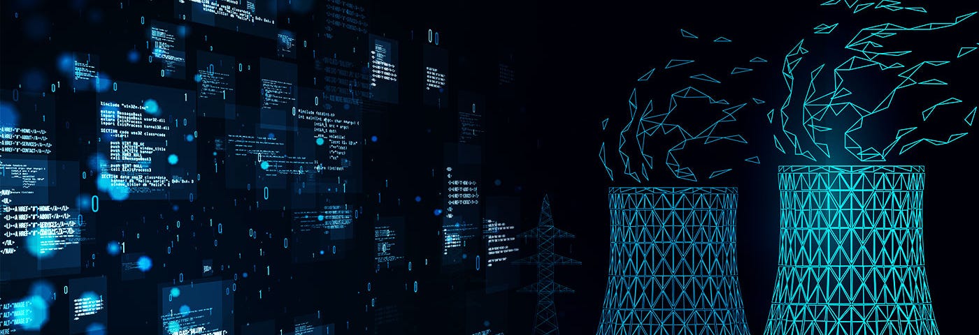 Futuristic digital illustration of two nuclear cooling towers made of glowing blue wireframes, with data streams and computer code flowing in the background. This visual highlights the intersection of advanced technology and nuclear energy, setting the stage for a modern rethink on nuclear power’s role in clean energy transitions.Modern nuclear energy is not what it used to be — advanced technology, data-driven safety systems, and innovation are reshaping the future of nuclear power. Here’s why