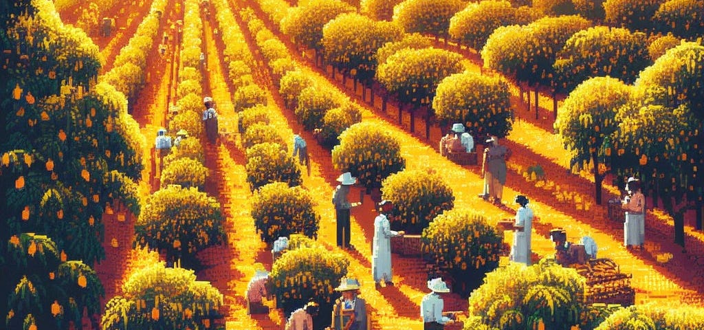 A colorful painting of a group of mango farmers working in the field, in the style of 1800s, pixel art