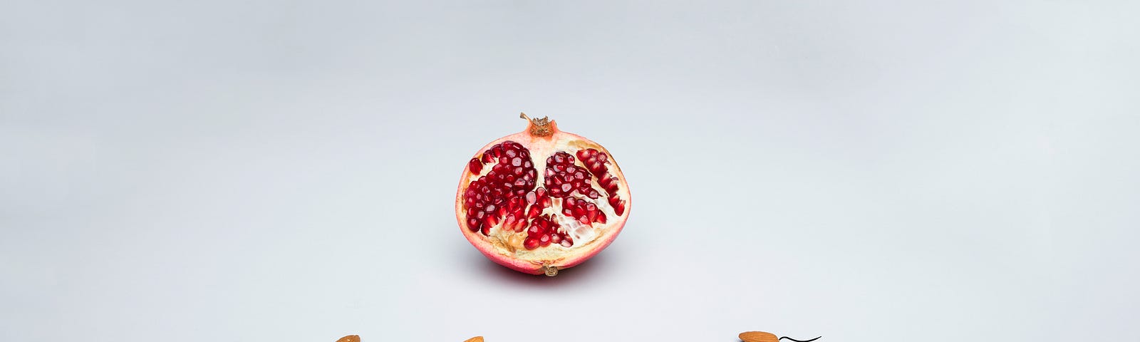 A couple of almonds pictured moving towards a half-open pomegranate, symbolizing sperms moving to attach themselves to female eggs.