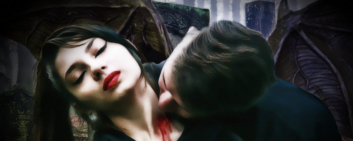 Young woman, black hair pale make-up, black halloween costume tips her head to one side to allow a male to bite her neck, blood spills