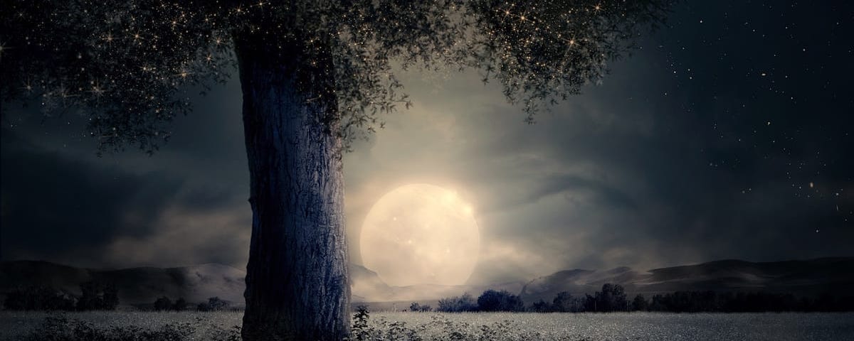 A bright full moon on the mountainous horizon, beyond a field with a large tree.