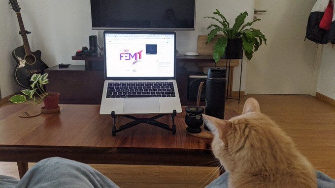 Imagen de una computadora con la FemIT Conf en vivo, en el living de una casa, con un gato y un mate al costado.