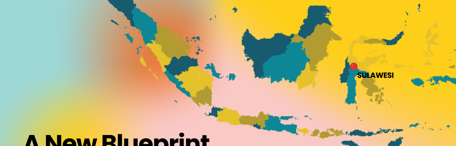 Infographic with text “A New Blueprint for Rural Access” on the lower left of the image, showing a map of southeast Asia and Indonesia with a pin on Sulawesi. The IDEO Last Mile Money logo appears in the upper righthand corner.