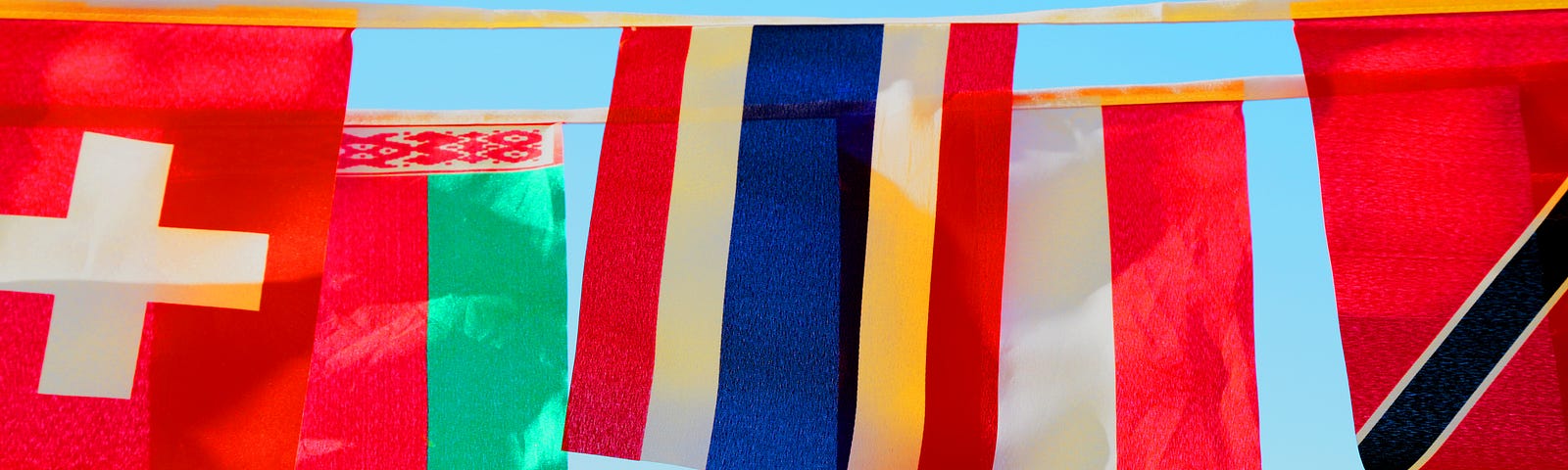 A series of flags hang together above a blue roof, a display of international solidarity