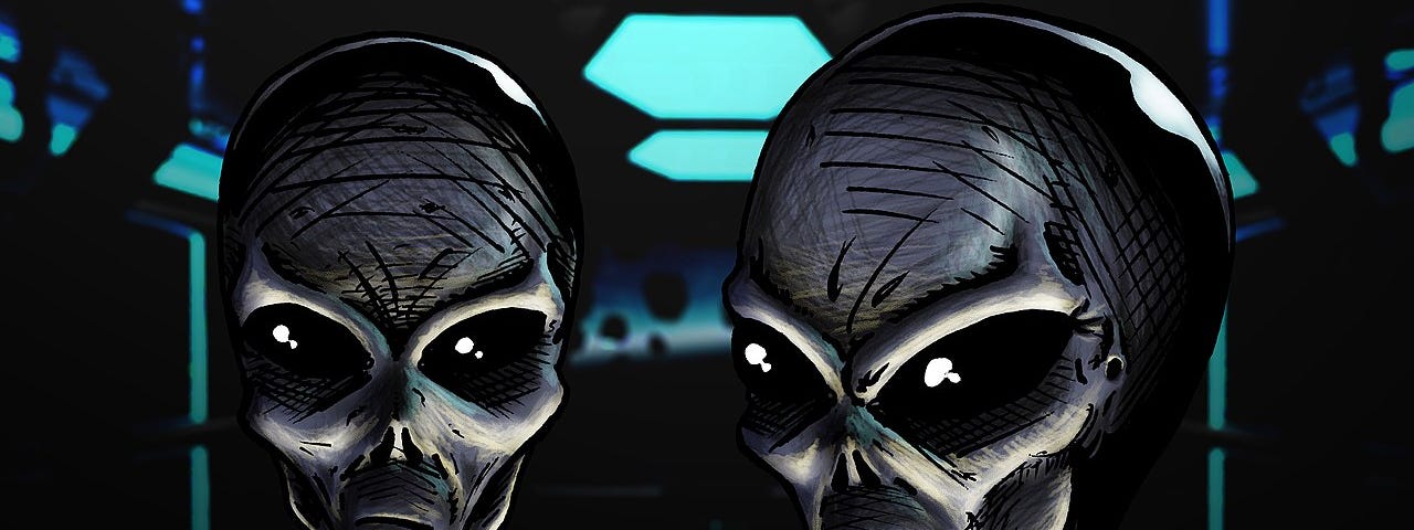 Drawing of two pensive looking aliens