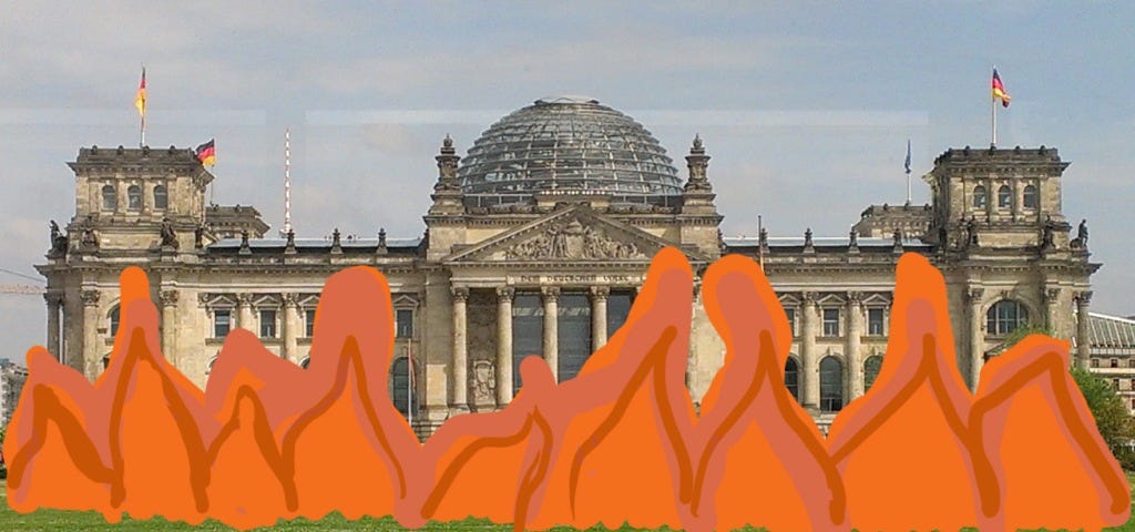Photo of the German Reichstag building with hand-drawn, artificial orange-red flames in the foreground.
