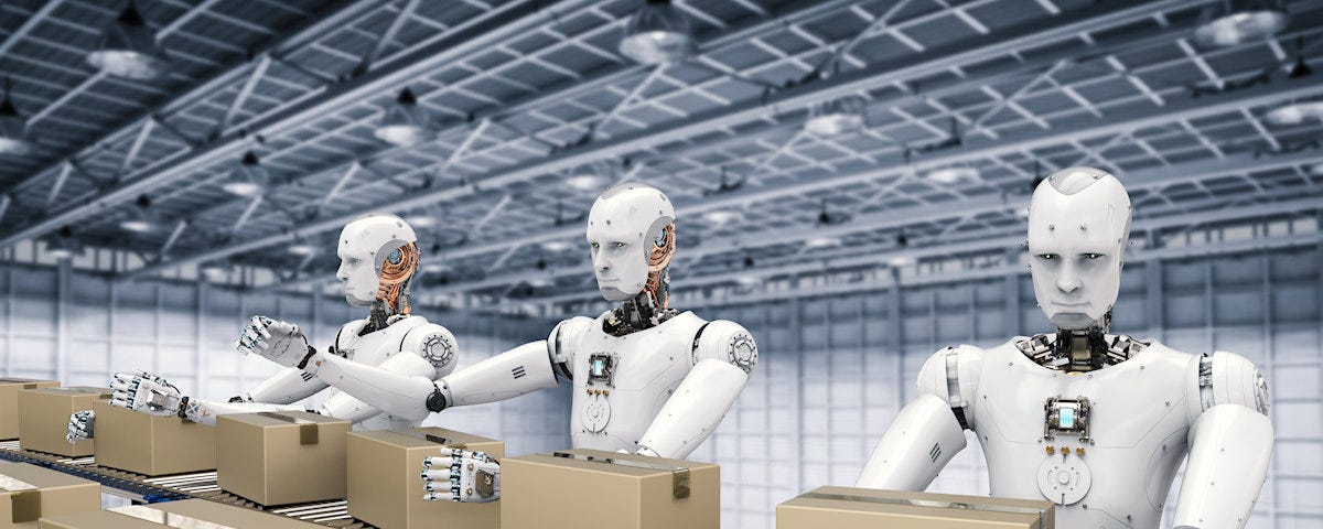 AI rendering of robots working in a warehouse